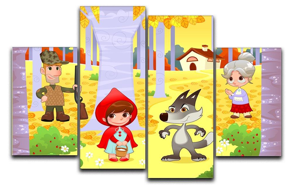 A captivating 4-split canvas artwork depicting the Little Red Hiding Hood scene, showcasing vibrant colors and intricate details across four panels.
