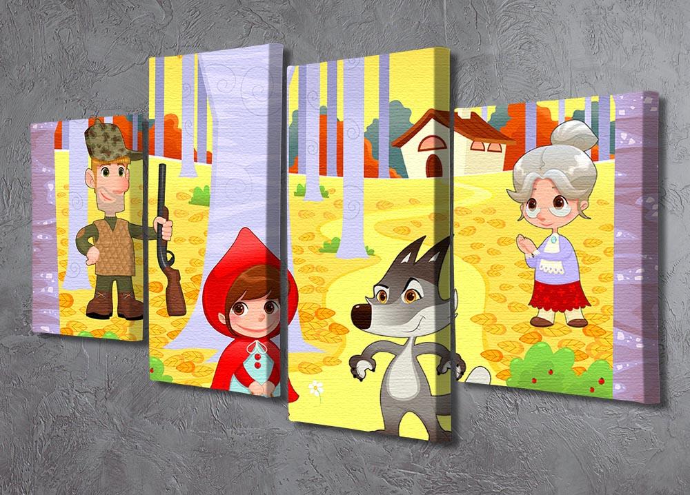 A captivating 4-split canvas artwork depicting the Little Red Hiding Hood scene, showcasing vibrant colors and intricate details across four panels.