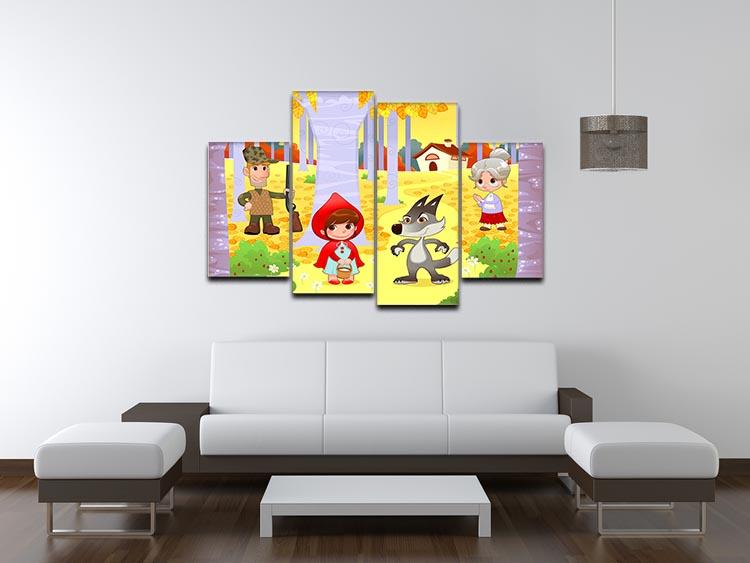 A captivating 4-split canvas artwork depicting the Little Red Hiding Hood scene, showcasing vibrant colors and intricate details across four panels.