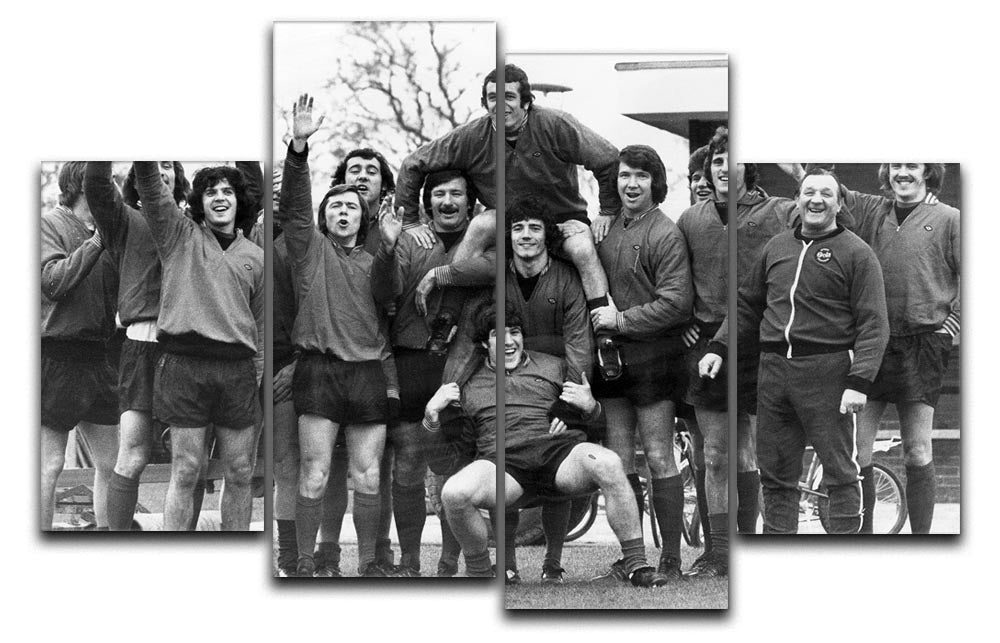 Liverpool FC At Melwood Training Ground 1975 4 Split Panel Canvas artwork featuring four panels showcasing a historic football moment.