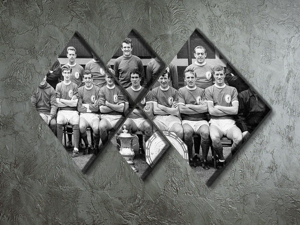 4-square canvas artwork featuring Liverpool FC's FA Cup and Charity Shield from 1965, showcasing vibrant colors and detailed design.