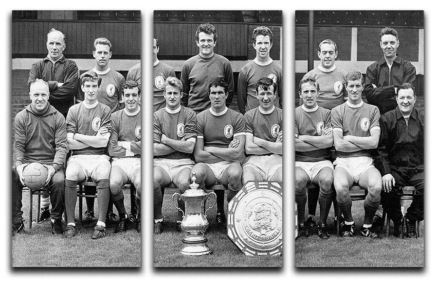 Liverpool Football Club 3-panel canvas art featuring the FA Cup and Charity Shield from 1965, showcasing vibrant colors and detailed design.