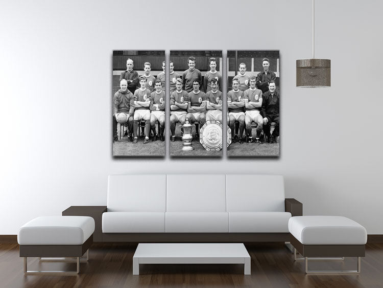 Liverpool Football Club 3-panel canvas art featuring the FA Cup and Charity Shield from 1965, showcasing vibrant colors and detailed design.