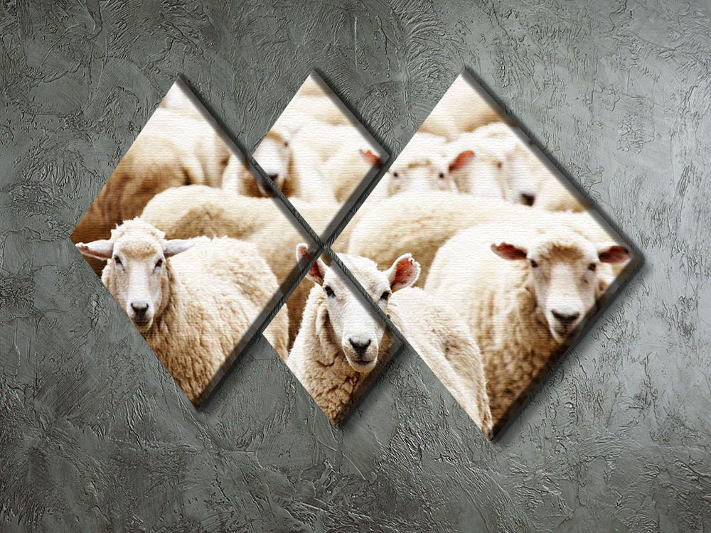 A beautiful 4-square multi panel canvas featuring a herd of sheep in a pastoral setting, showcasing vibrant colors and detailed artwork.