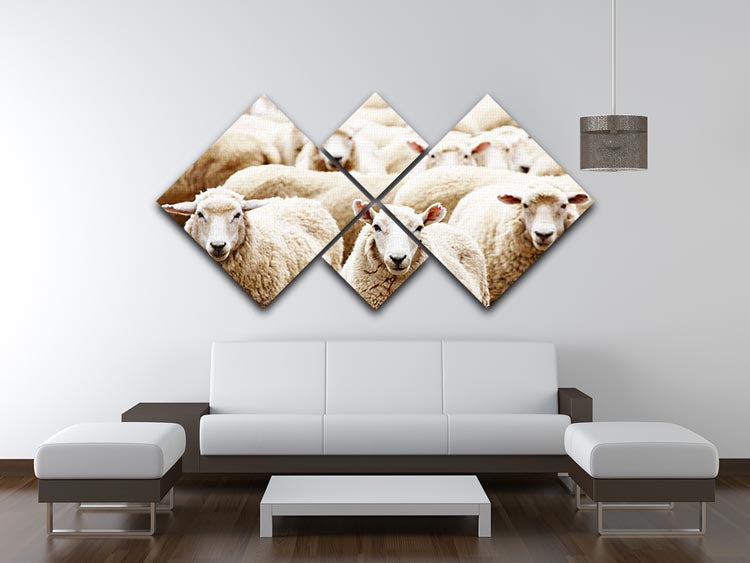 A beautiful 4-square multi panel canvas featuring a herd of sheep in a pastoral setting, showcasing vibrant colors and detailed artwork.