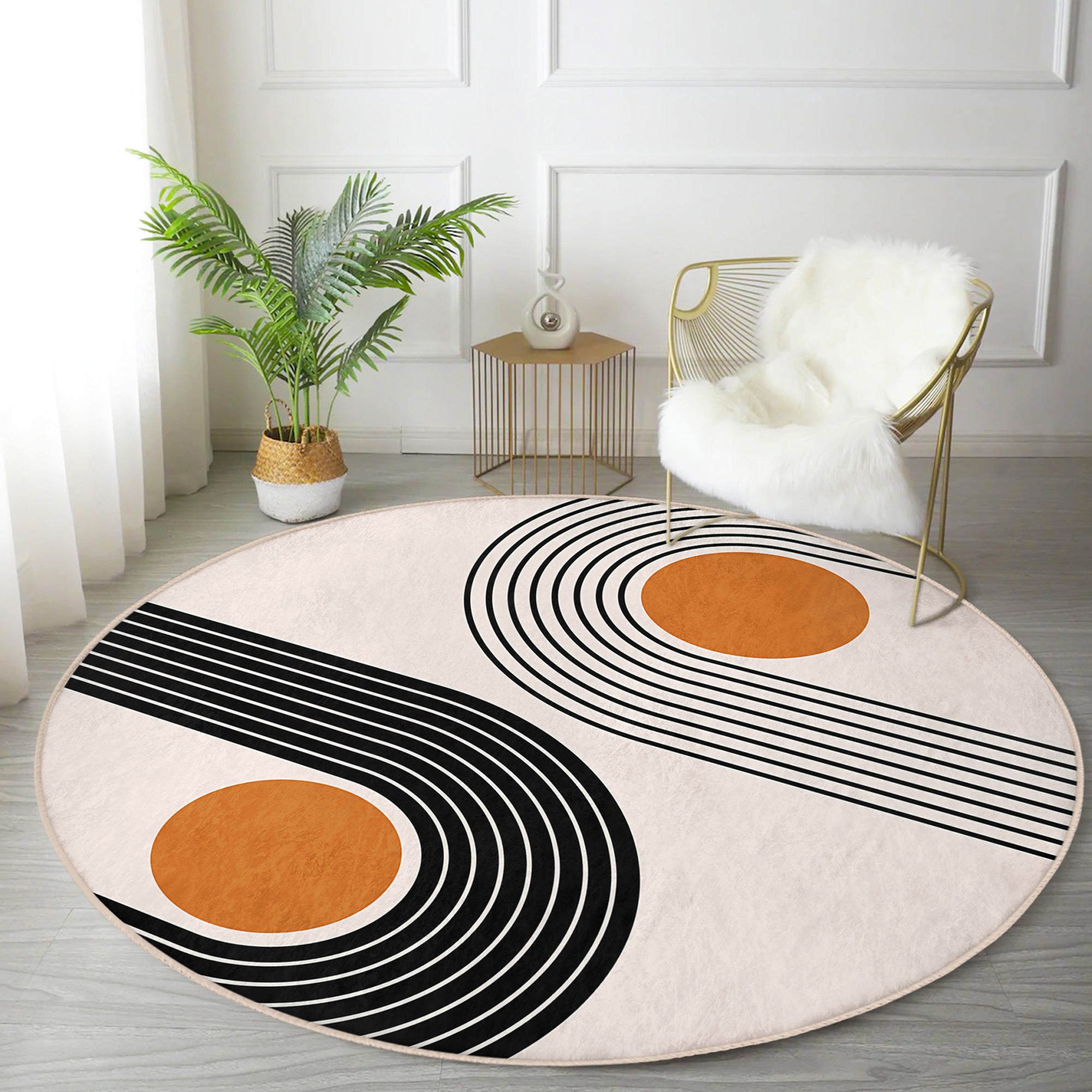 A stylish round rug featuring an abstract circle design, made from soft velvet fabric, suitable for living rooms and bedrooms.
