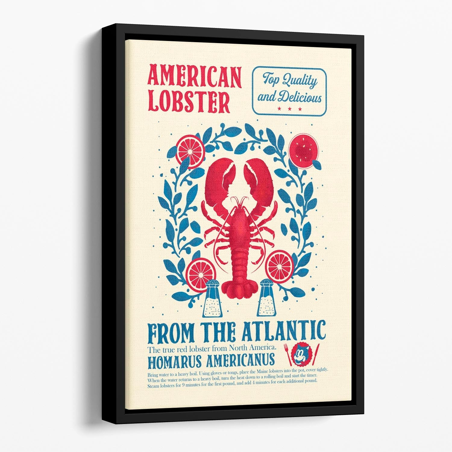 A vibrant lobster kitchen print in a floating frame, showcasing abstract art with colorful details, perfect for modern home decor.