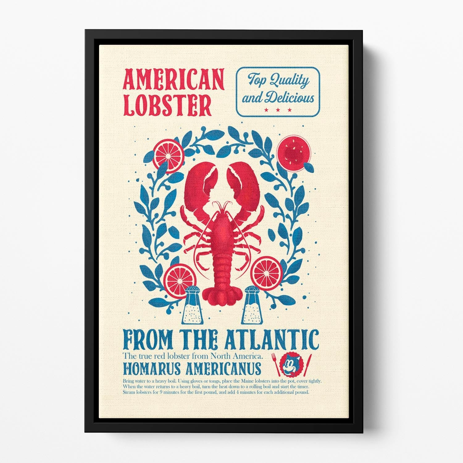 A vibrant lobster kitchen print in a floating frame, showcasing abstract art with colorful details, perfect for modern home decor.