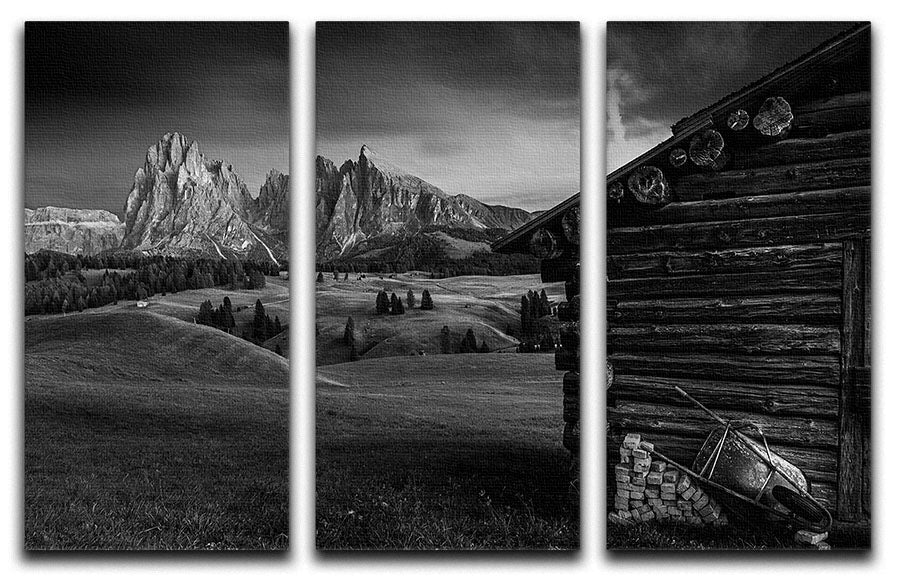 Lodge In Alpe Di Siusi 3 Split Panel Canvas Print showcasing a beautiful landscape in three panels, perfect for home decor.
