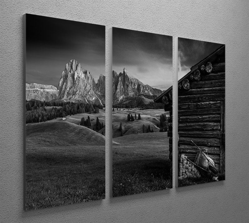 Lodge In Alpe Di Siusi 3 Split Panel Canvas Print showcasing a beautiful landscape in three panels, perfect for home decor.