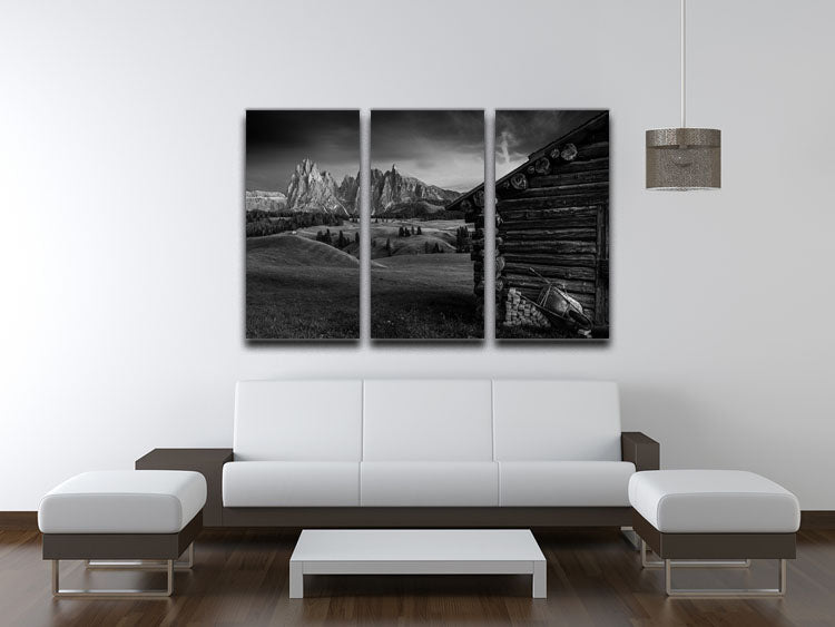 Lodge In Alpe Di Siusi 3 Split Panel Canvas Print showcasing a beautiful landscape in three panels, perfect for home decor.