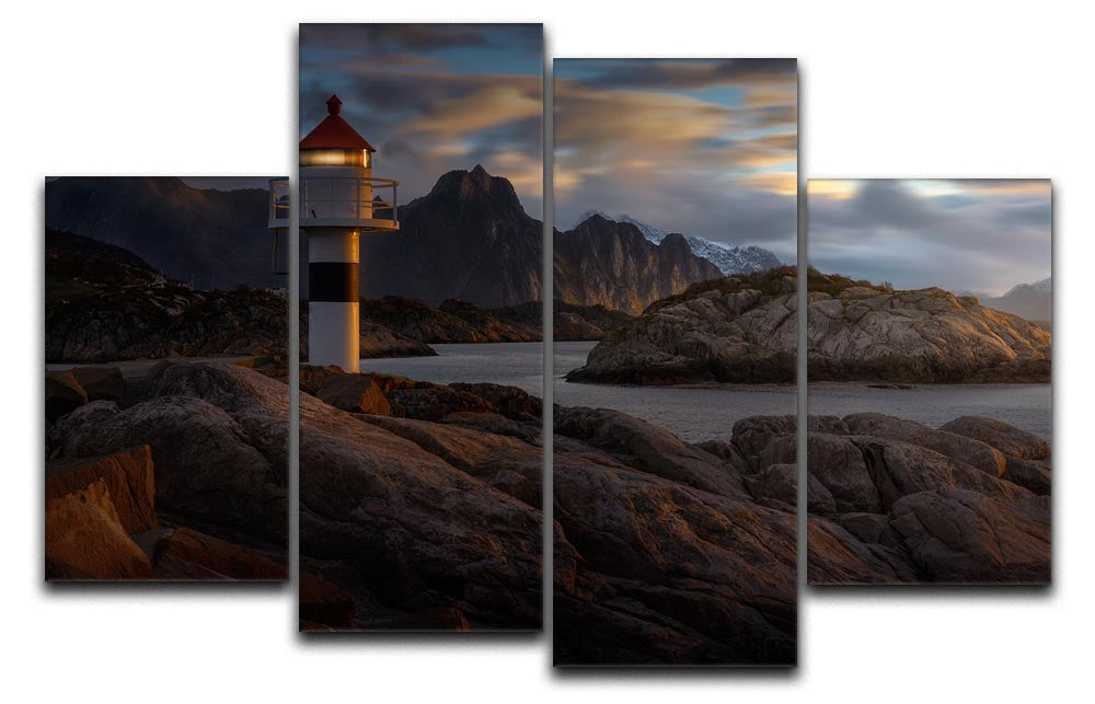 Lofoten Reflections 4 Split Panel Canvas showcasing serene landscapes divided into four equal sections.