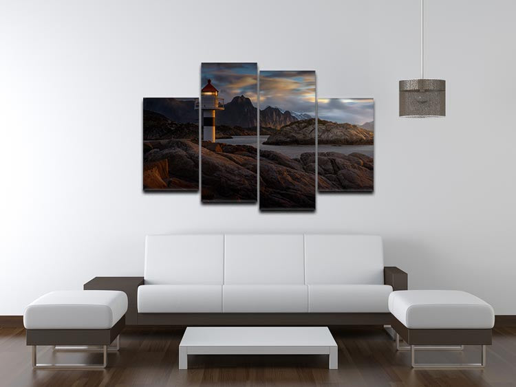 Lofoten Reflections 4 Split Panel Canvas showcasing serene landscapes divided into four equal sections.