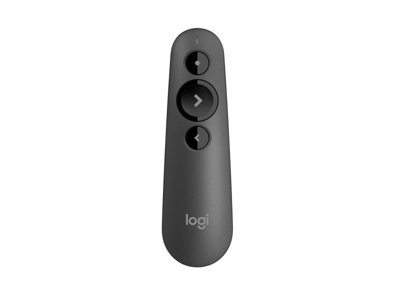 Logitech R500S Laser Presentation Remote with USB dongle and AAA battery, showcasing its sleek design and functionality.