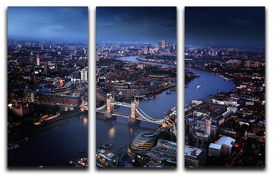A stunning 3-panel canvas print featuring an aerial view of London with Tower Bridge, showcasing vibrant colors and intricate details.