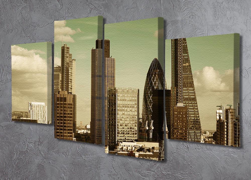 A beautiful 4 split panel canvas artwork depicting a rooftop view of London city, showcasing urban architecture and skyline.