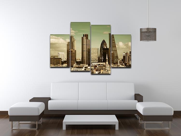A beautiful 4 split panel canvas artwork depicting a rooftop view of London city, showcasing urban architecture and skyline.