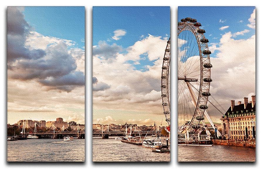 A stunning 3-panel canvas print of the London Eye on the River Thames, showcasing vibrant colors and intricate details.