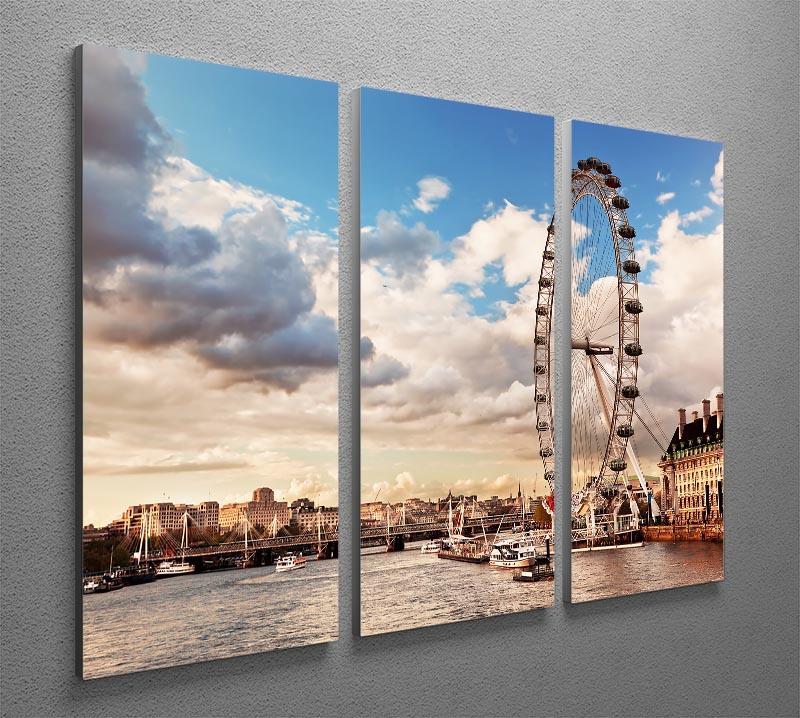 A stunning 3-panel canvas print of the London Eye on the River Thames, showcasing vibrant colors and intricate details.