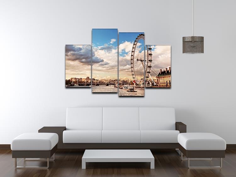A 4-split canvas artwork featuring the London Eye on the River Thames, showcasing vibrant colors and dynamic design.