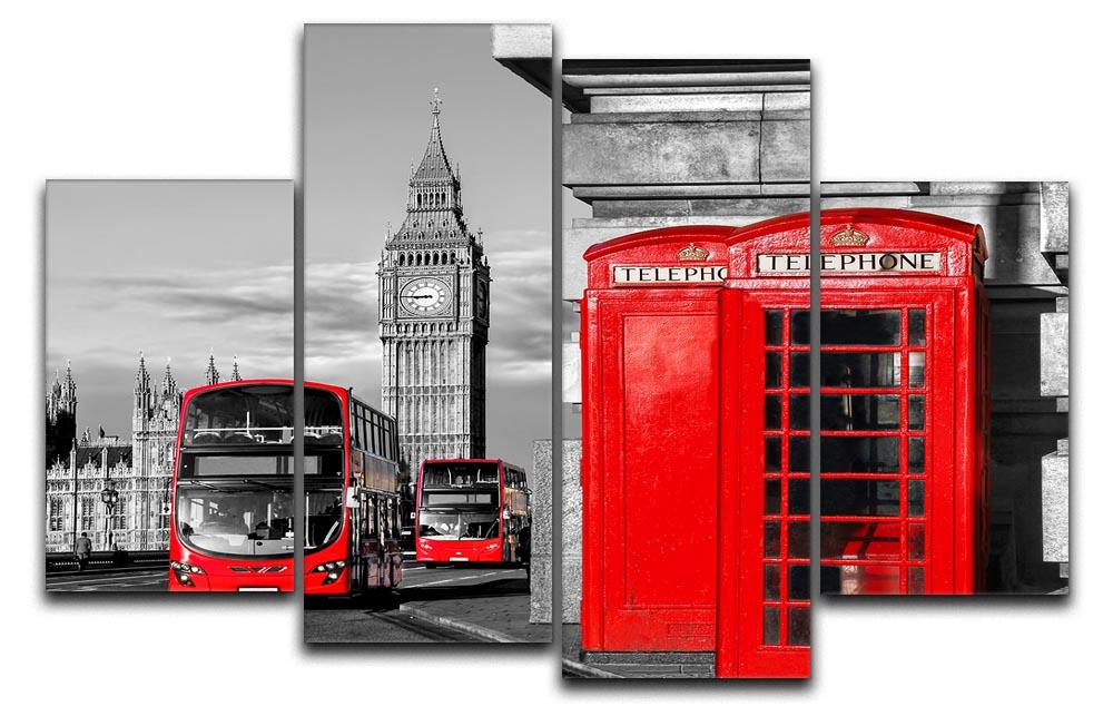 A vibrant 4-split canvas artwork featuring iconic London symbols like Big Ben and red telephone booths, arranged in a modern style.