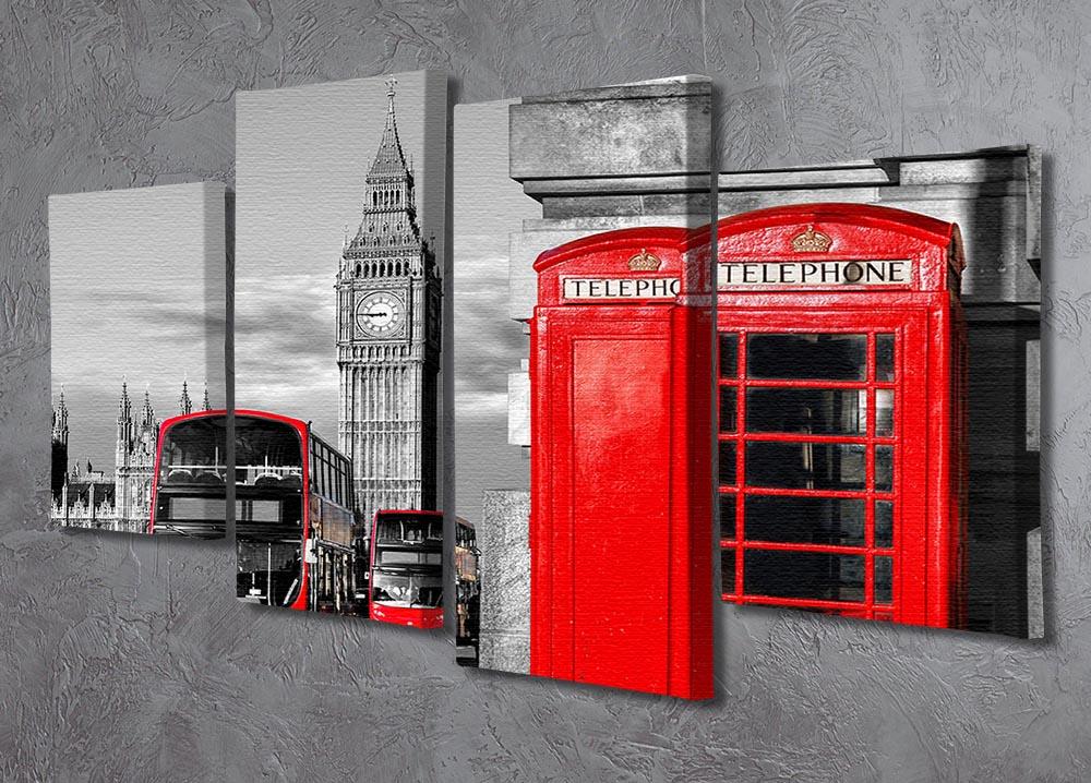 A vibrant 4-split canvas artwork featuring iconic London symbols like Big Ben and red telephone booths, arranged in a modern style.
