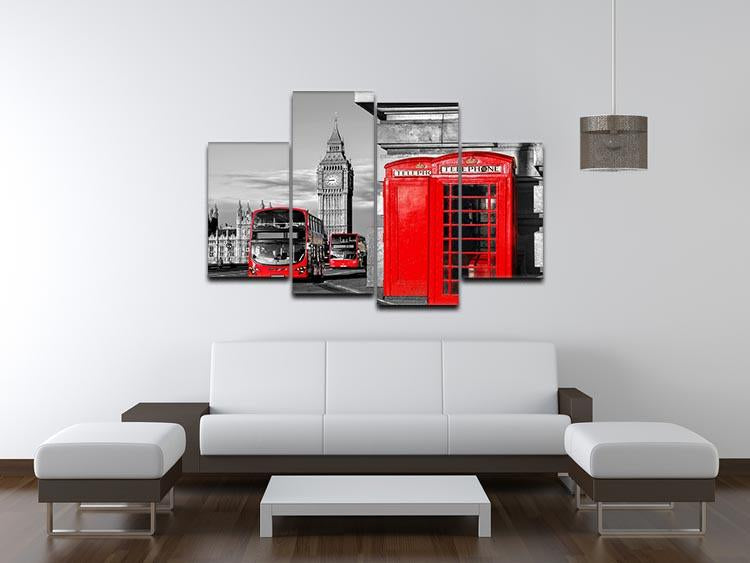 A vibrant 4-split canvas artwork featuring iconic London symbols like Big Ben and red telephone booths, arranged in a modern style.
