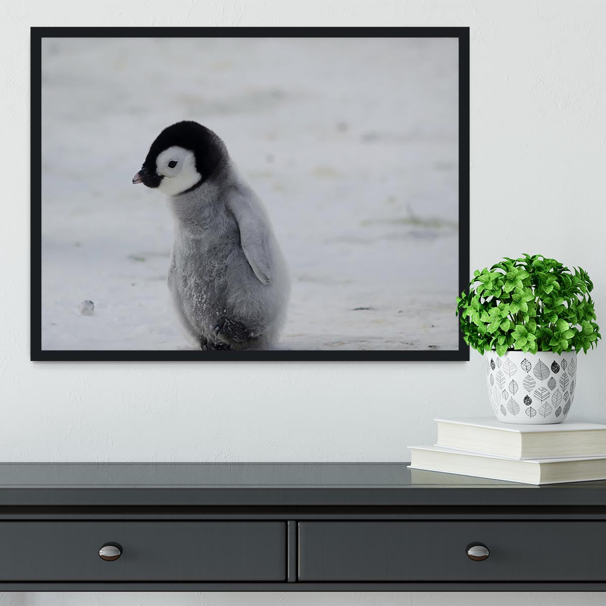 A beautifully framed print of a lone penguin chick, showcasing its adorable features and vibrant colors, set in a handmade frame.