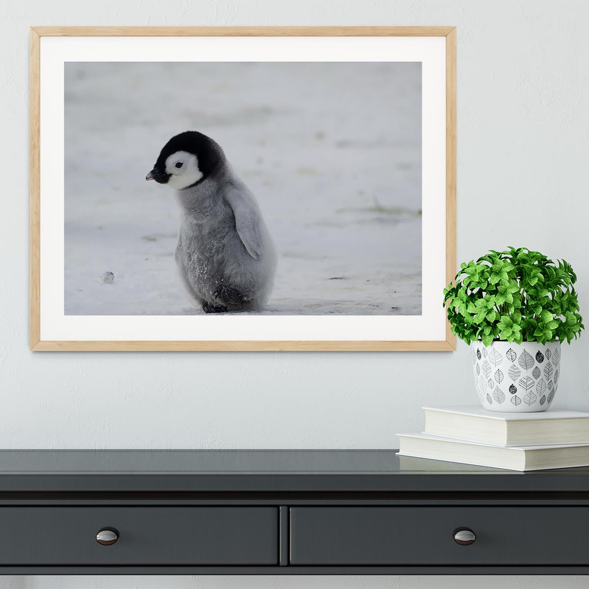 A beautifully framed print of a lone penguin chick, showcasing its adorable features and vibrant colors, set in a handmade frame.