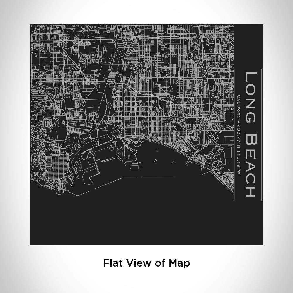Custom engraved Long Beach California map tumbler in matte black, showcasing coordinates and a sleek design.