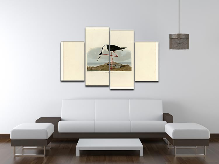 A beautiful 4-split canvas artwork featuring the Long Legged Avocet bird, showcasing vibrant colors and intricate details across four panels.