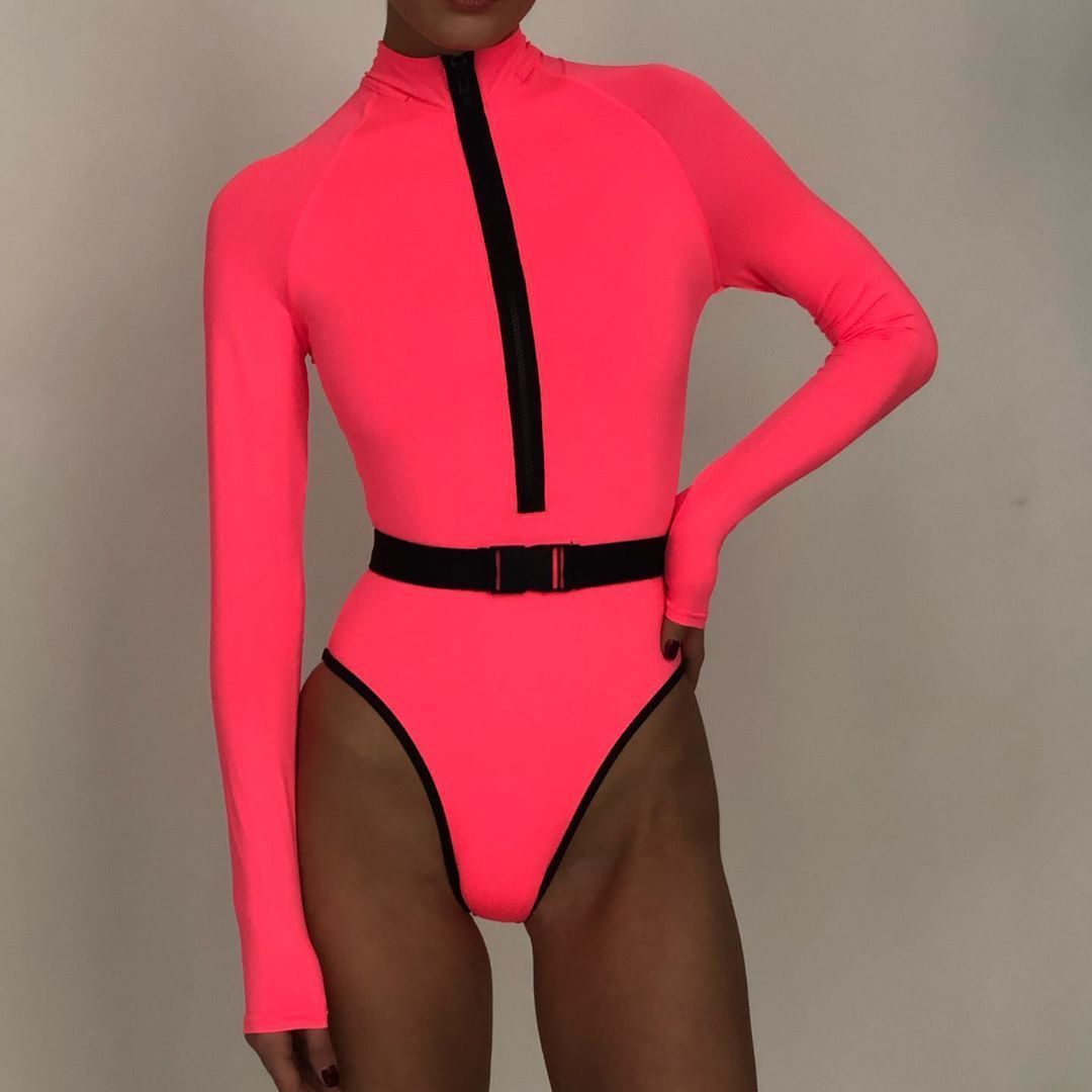 Long Sleeve Bikini 2020 Neon Pink Zipper Bodysuit showcasing vibrant color and stylish design, perfect for summer swimwear.