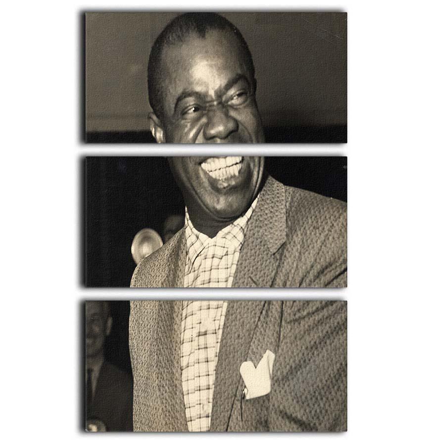 Three-panel canvas print featuring Louis Armstrong laughing, showcasing vibrant colors and joyful expression.