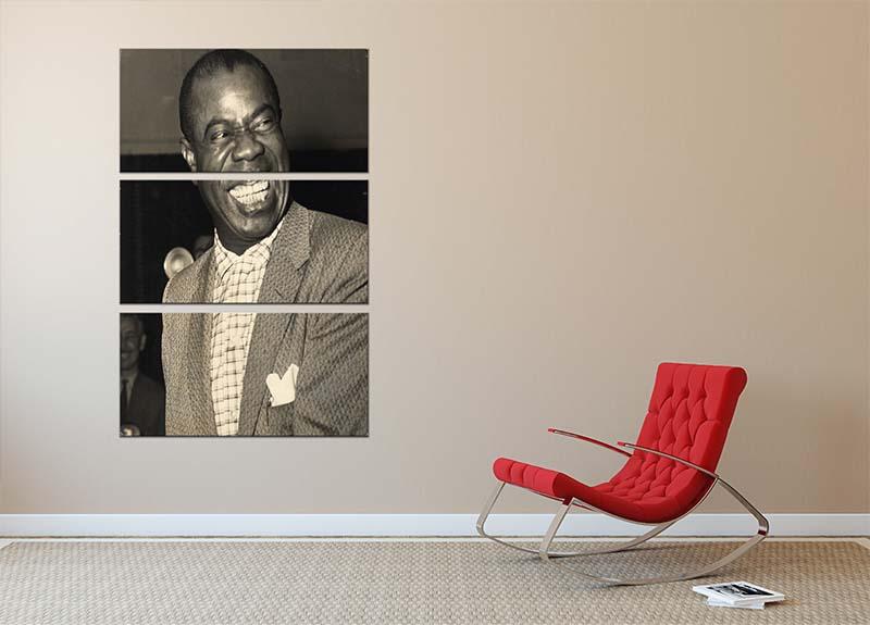Three-panel canvas print featuring Louis Armstrong laughing, showcasing vibrant colors and joyful expression.