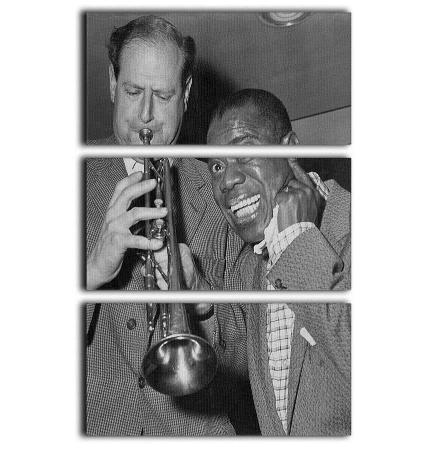 Louis Armstrong listens 3 Split Panel Canvas Print featuring vibrant colors and a captivating design across three panels.