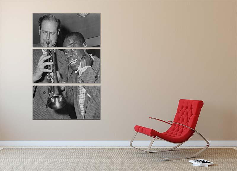 Louis Armstrong listens 3 Split Panel Canvas Print featuring vibrant colors and a captivating design across three panels.