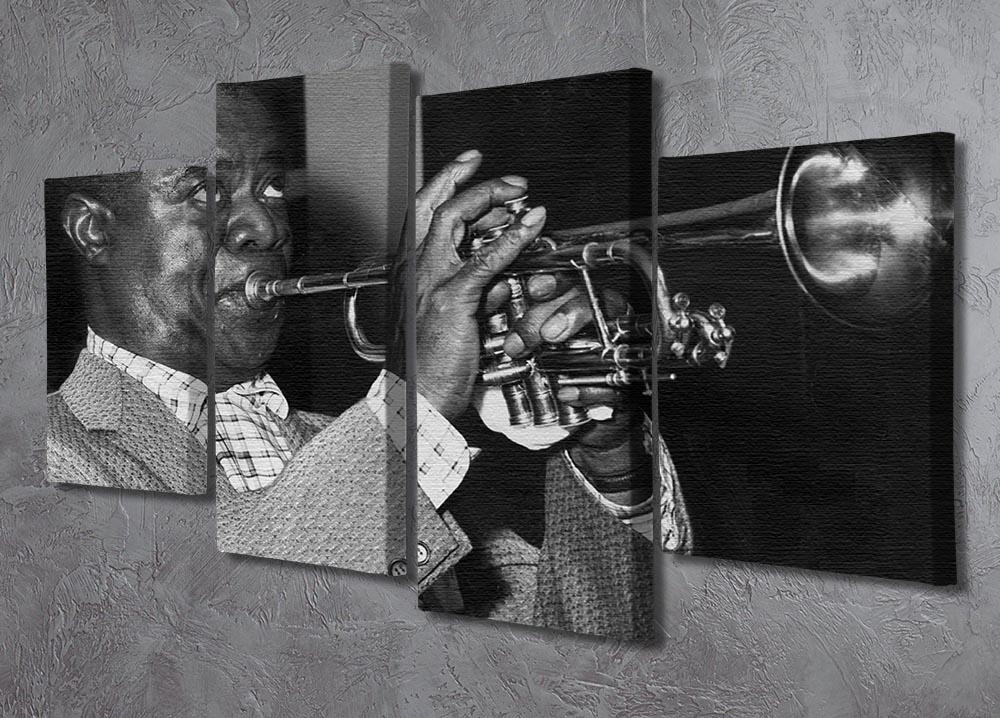 A vibrant 4-split canvas artwork featuring Louis Armstrong, showcasing his iconic presence in jazz music.