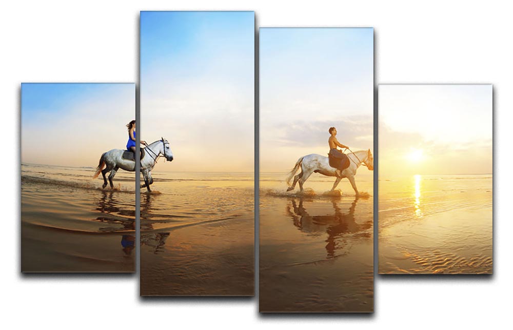 A beautiful 4-split canvas artwork depicting a family with a horse in a sunny landscape, showcasing vibrant colors and heartwarming themes.