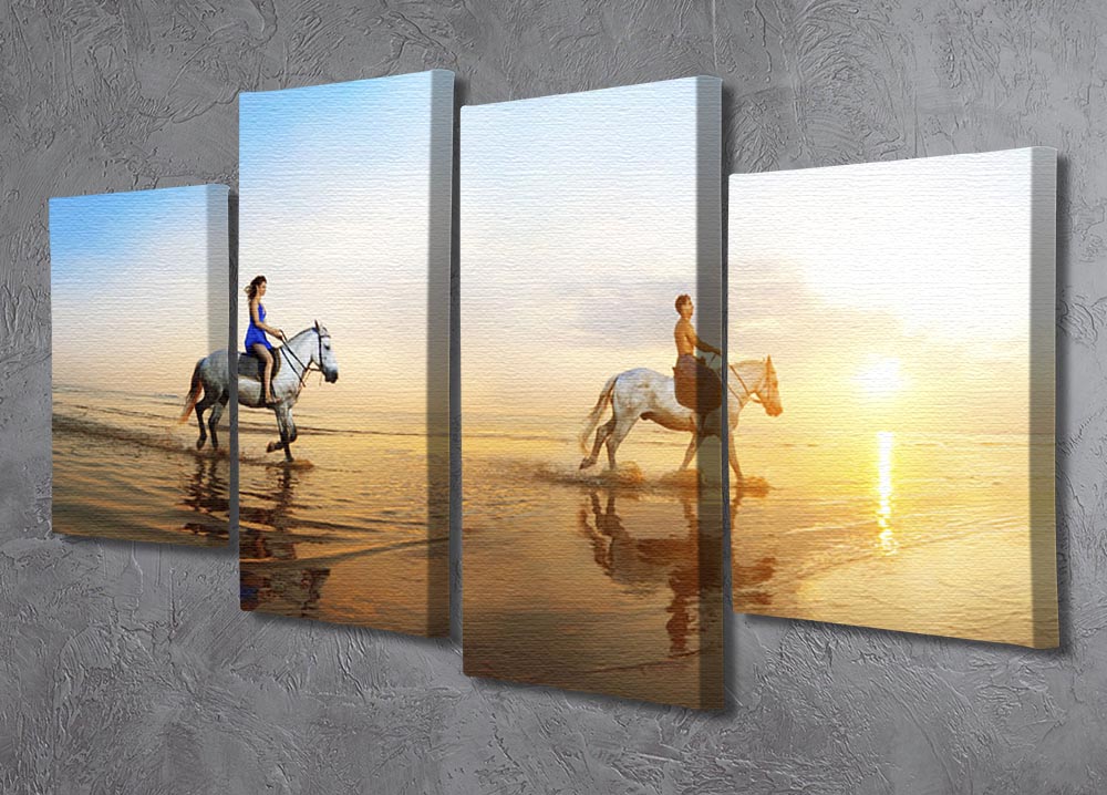 A beautiful 4-split canvas artwork depicting a family with a horse in a sunny landscape, showcasing vibrant colors and heartwarming themes.