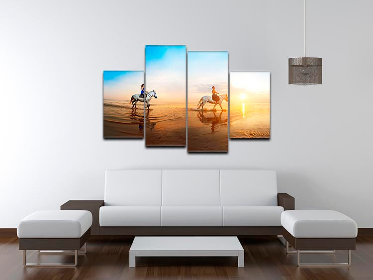 A beautiful 4-split canvas artwork depicting a family with a horse in a sunny landscape, showcasing vibrant colors and heartwarming themes.