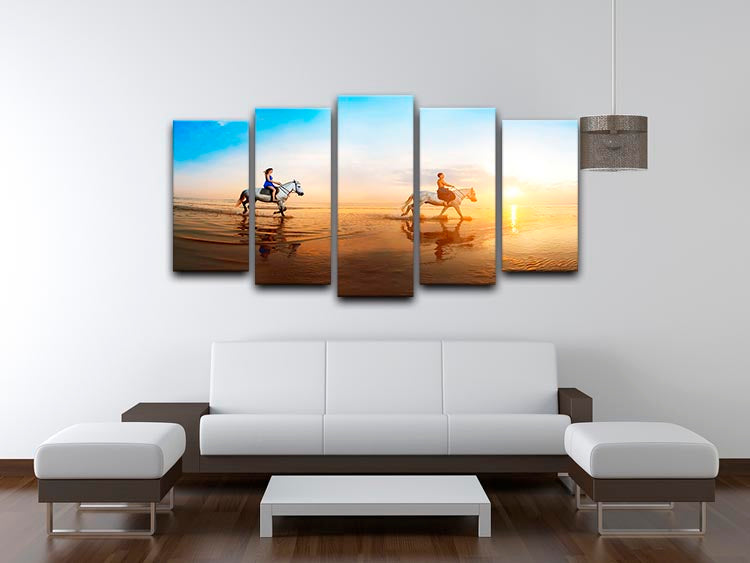 A beautiful 5-split panel canvas artwork depicting a family with a horse in a sunny landscape, showcasing warmth and love.