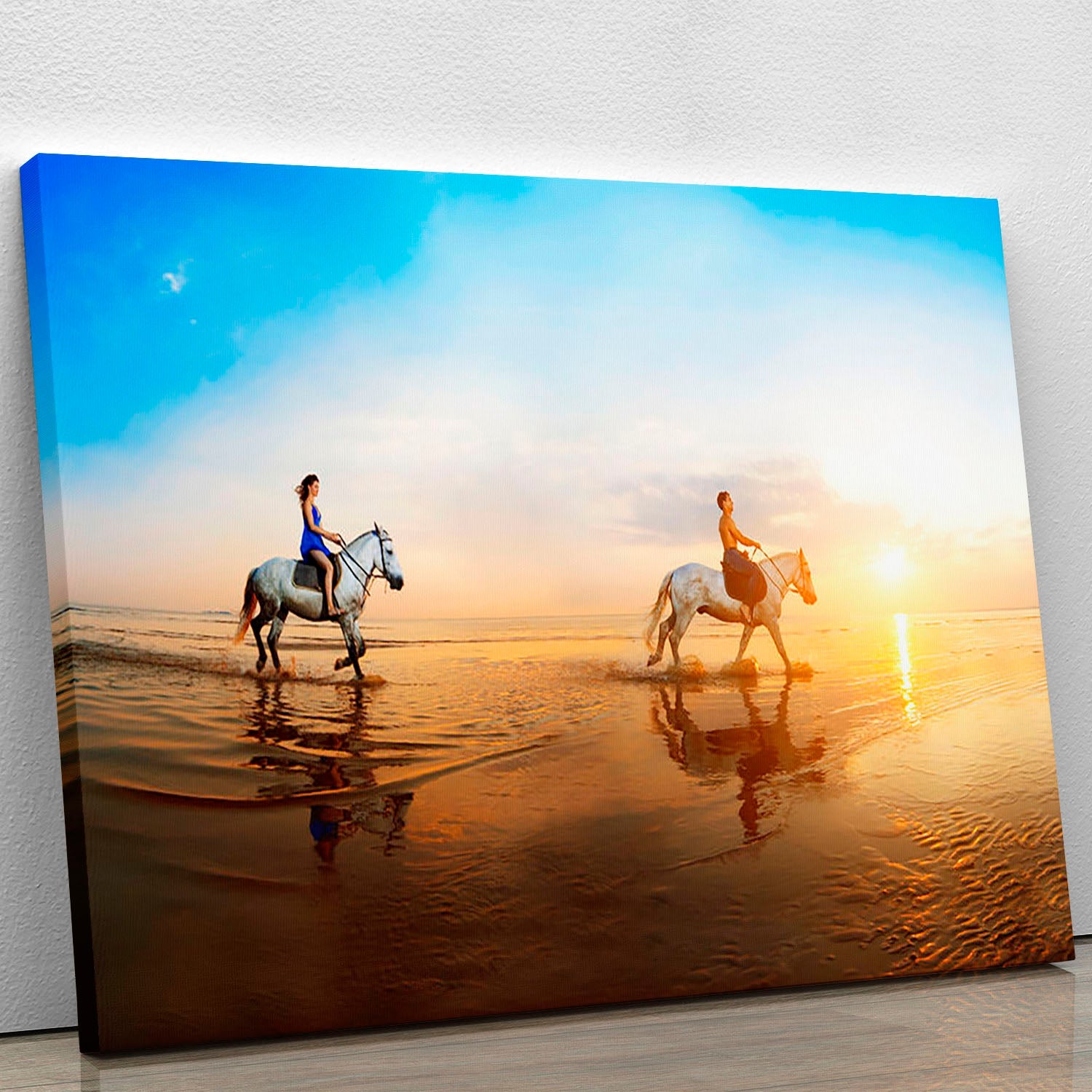 Canvas print featuring a family and horse in a sunny background, showcasing warmth and togetherness.