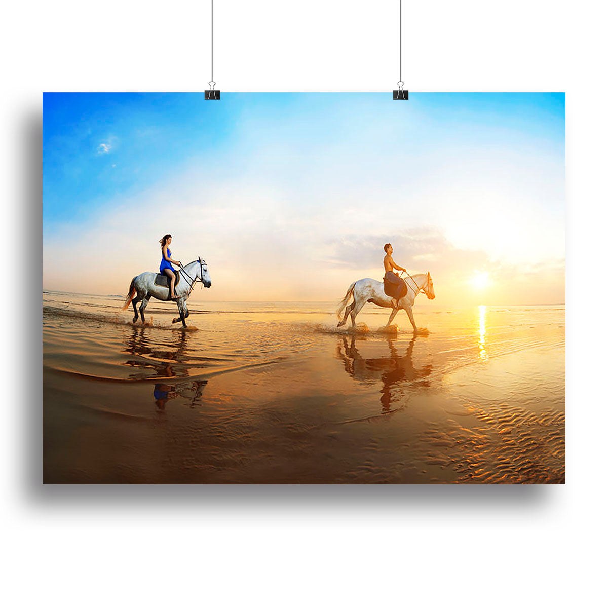 Canvas print featuring a family and horse in a sunny background, showcasing warmth and togetherness.