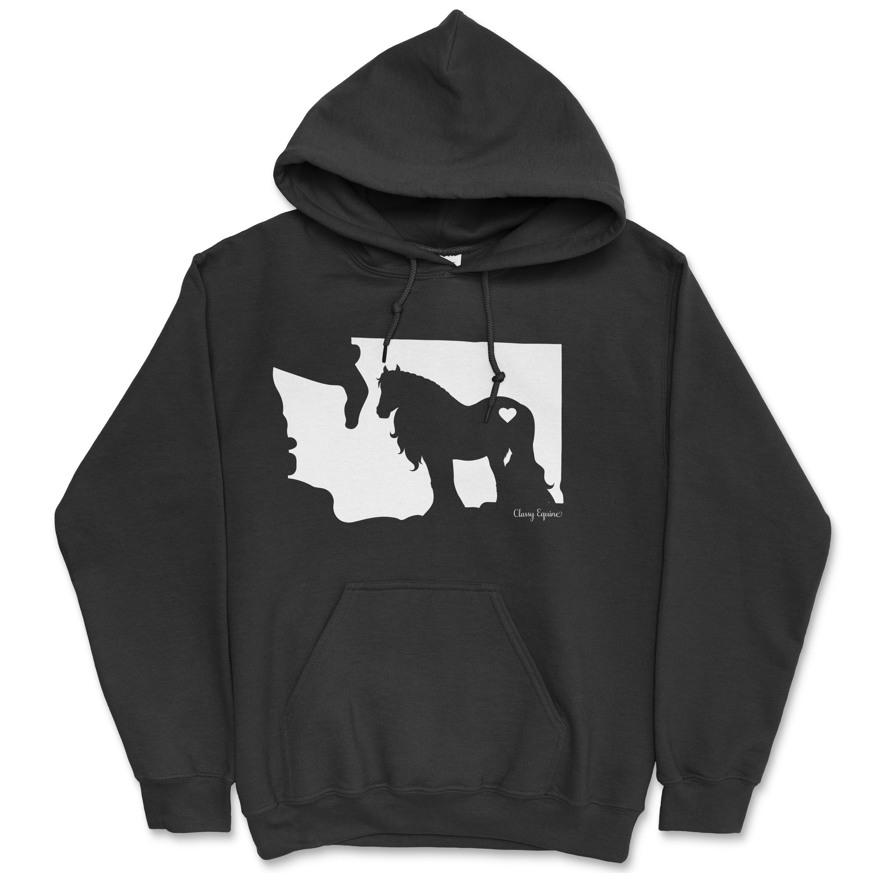 Black hooded sweatshirt featuring 'Love My Gypsy Horse' design, customizable with state, perfect for horse lovers.