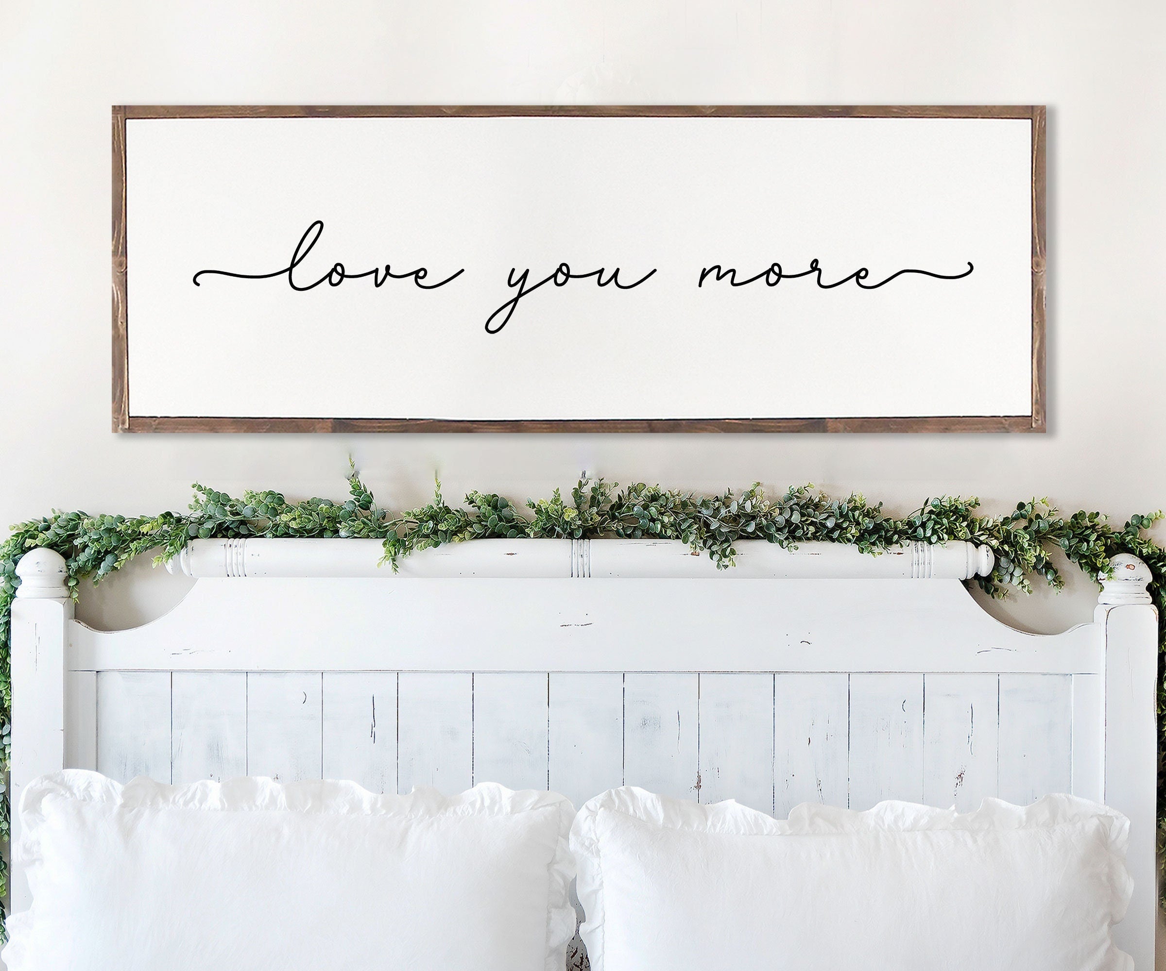 Handmade Love You More farmhouse wood sign with rustic charm, featuring unique wood grain and customizable frame options.
