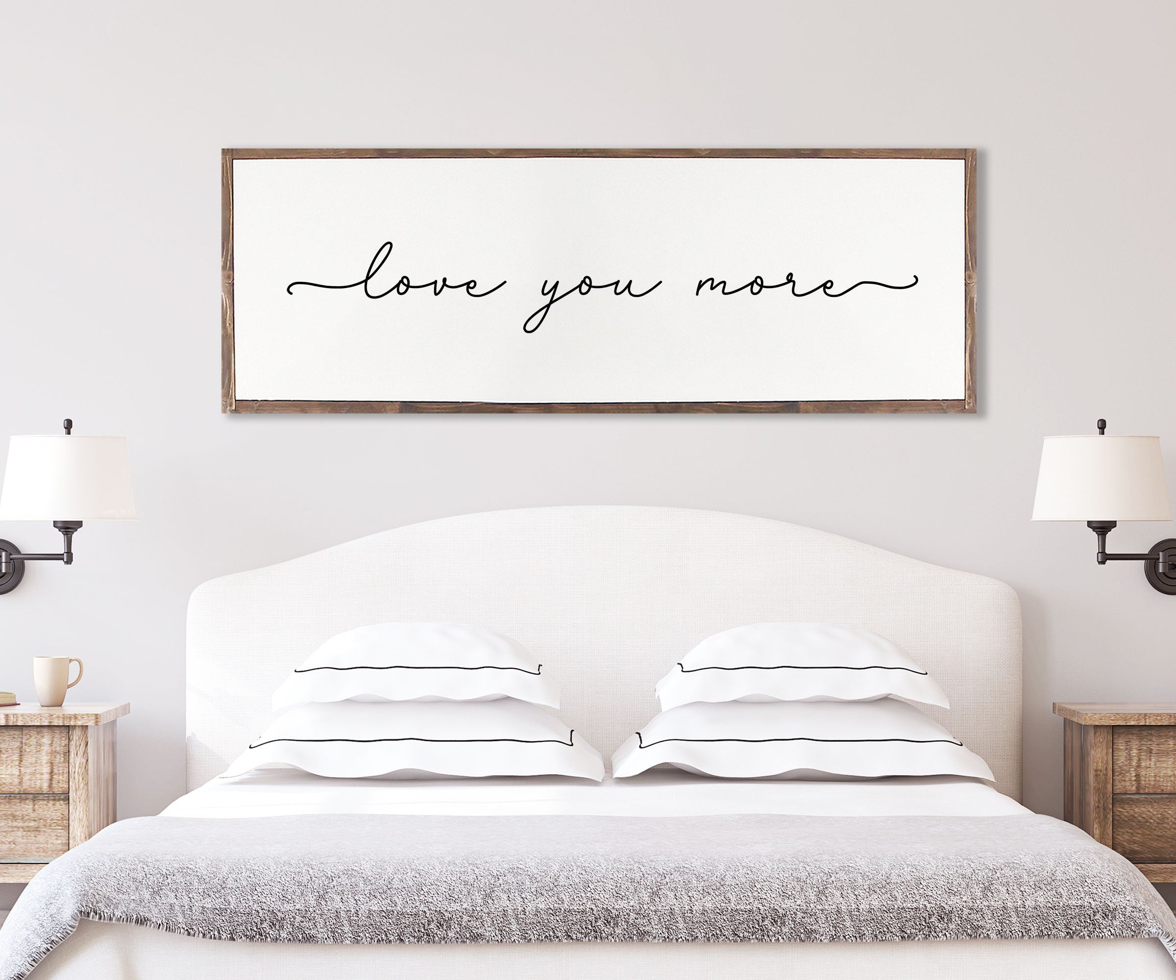 Handmade Love You More farmhouse wood sign with rustic charm, featuring unique wood grain and customizable frame options.