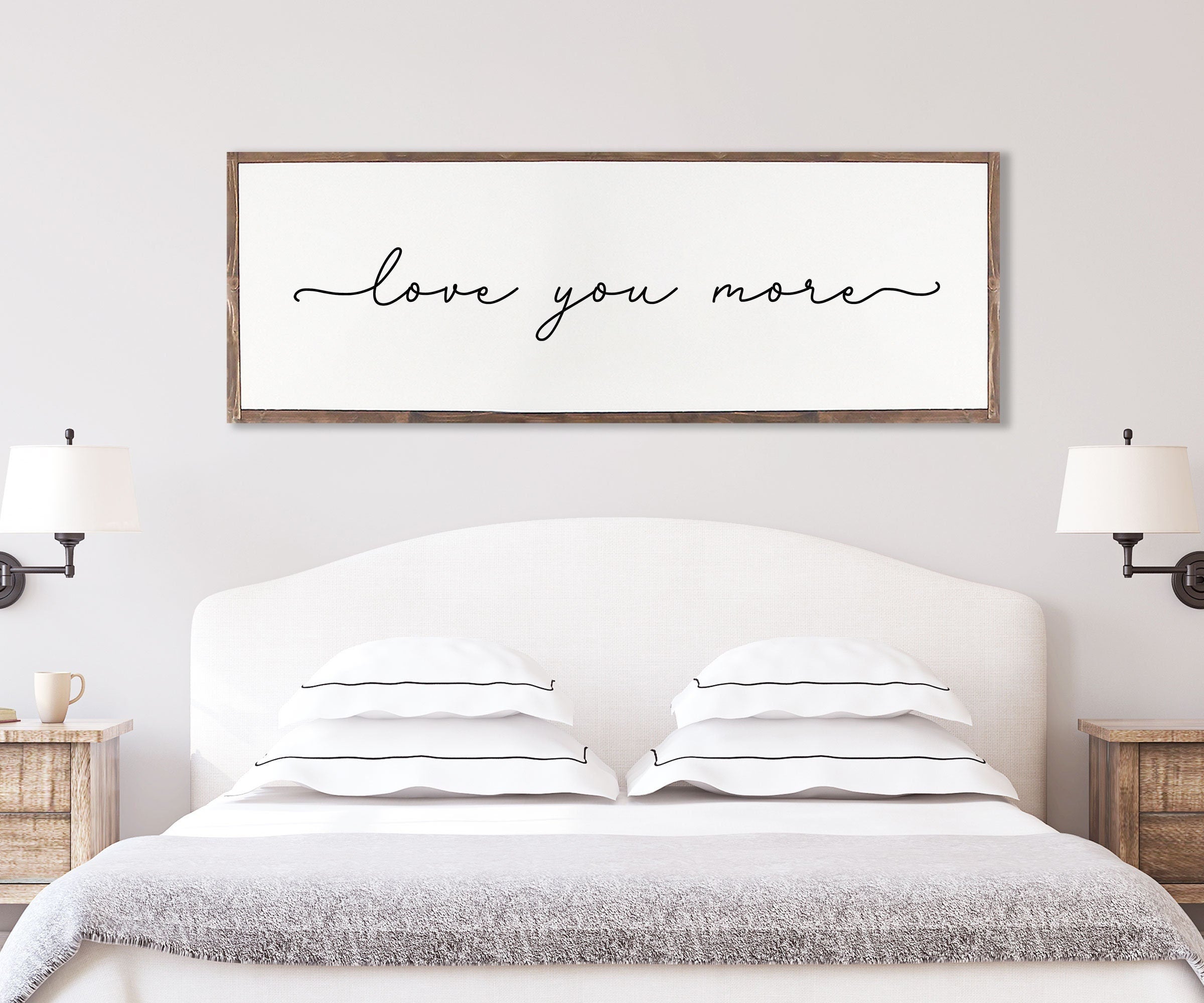 Handmade Love You More farmhouse wood sign with rustic charm, featuring unique wood grain and customizable frame options.