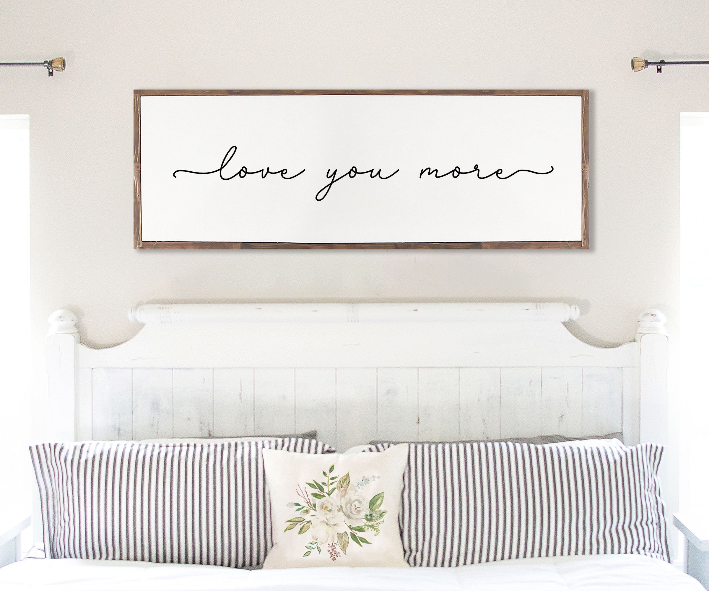 Handmade Love You More farmhouse wood sign with rustic charm, featuring unique wood grain and customizable frame options.