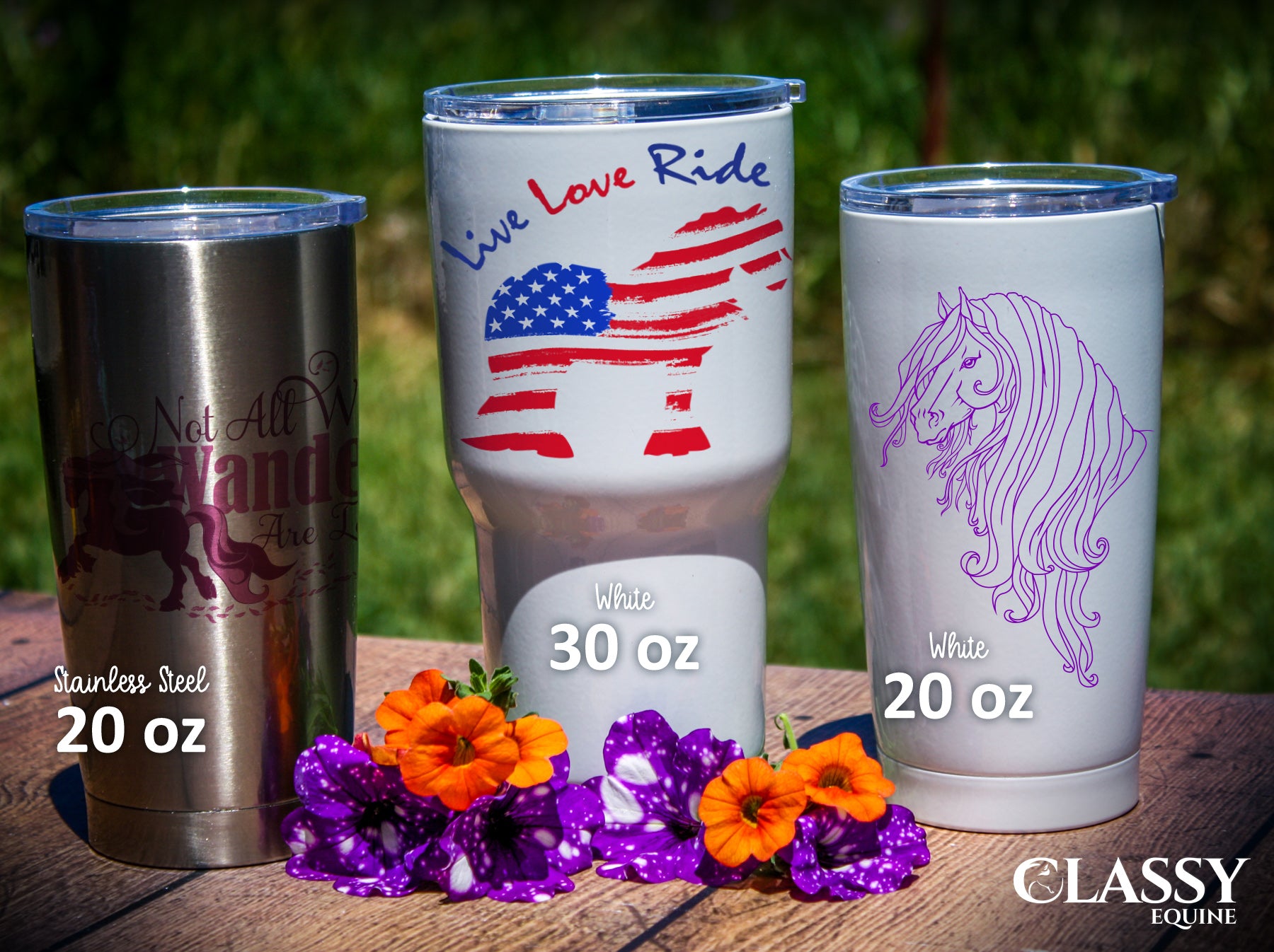 Lovely Friesian Mare 20 oz tumbler in white with vibrant horse design, perfect for horse lovers.