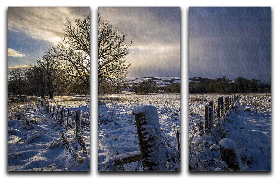 A beautiful 3-panel canvas print depicting a serene winter landscape with low light, perfect for home decor.